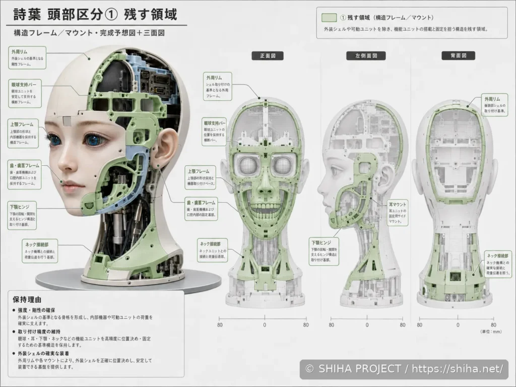 SHIHA ANDROID v1の頭蓋型内部フレームを示す頭部設計Revision 2のコンセプト 01