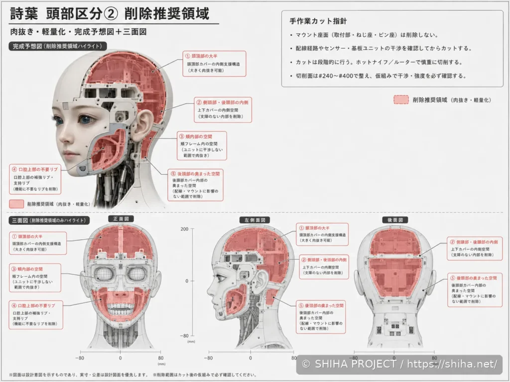 SHIHA ANDROID v1の感覚器・配線・内部ユニット配置を示す頭部設計Revision 2のコンセプト 02