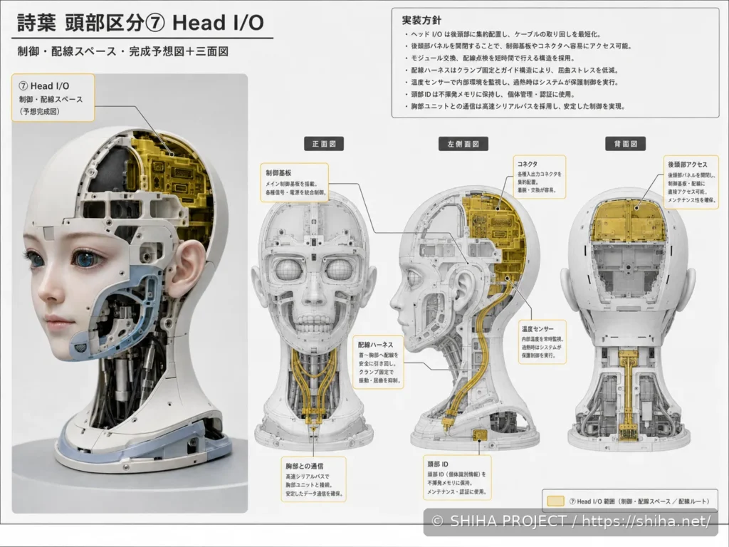 SHIHA ANDROID v1の頭部センサーとアクチュエータを接続するHead I/Oを示す頭部設計Revision 2のコンセプト 07