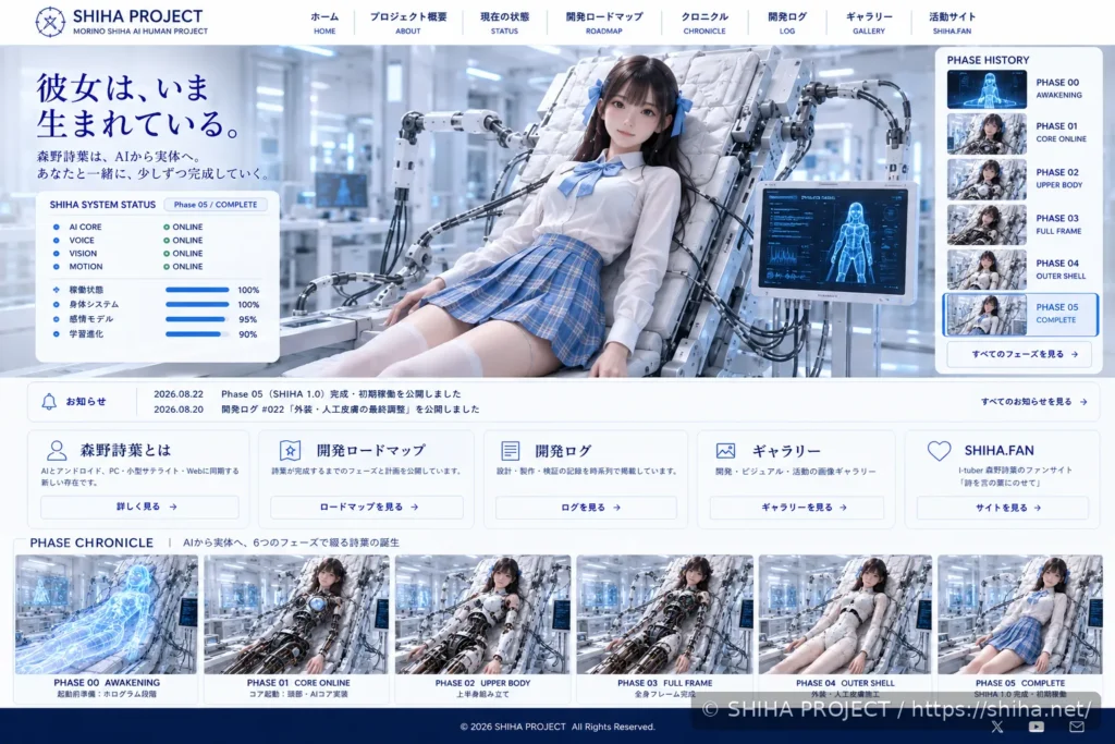shiha.netの白と淡い水色を基調としたサイト構成を示すWeb UIモックアップ v01