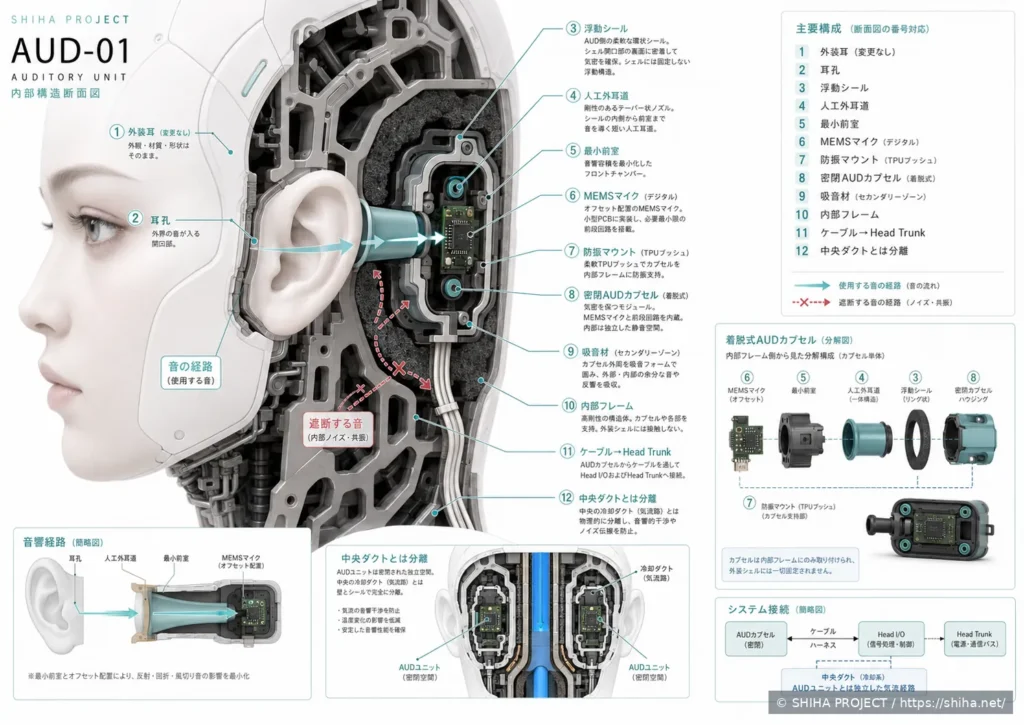 耳介、人工外耳道、音室、MEMSマイクを示したAUD-01聴覚ユニット概念図