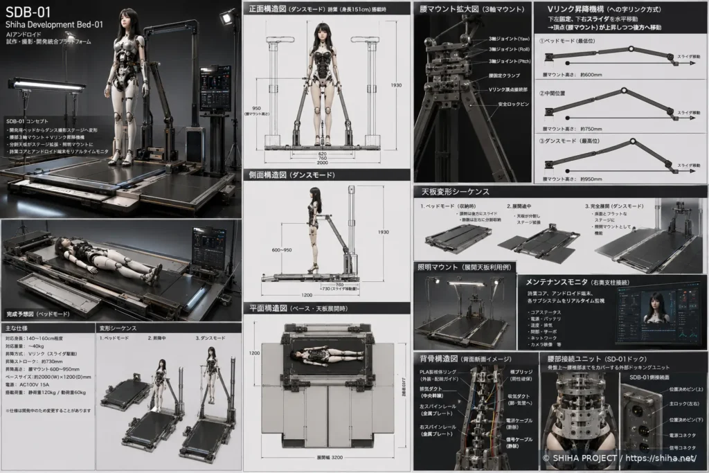 SDB-01のベッド構造、変形機構、支持姿勢、部品構成をまとめた総合設計図