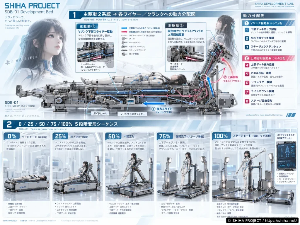 SDB-01の2系統主駆動と0〜100%の5段階変形を示した構造図