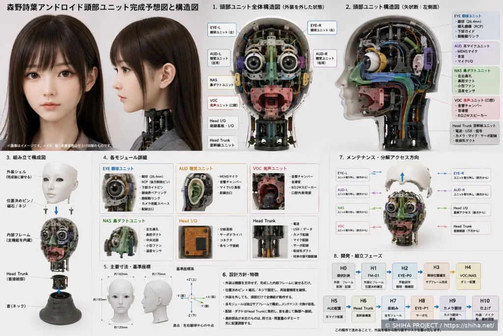 頭部外装、内部構造、各モジュール、組立フェーズをまとめたSHIHA HEAD UNIT総合構造図