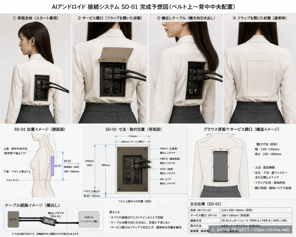 背面接続プレートを装着した試着イメージと構想図をまとめたSpine Dock概念シート