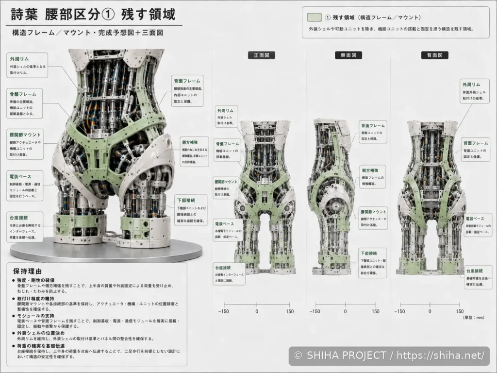 SHIHA ANDROID v1の腰部フレームと身体支持構造を検討した設計コンセプト 01