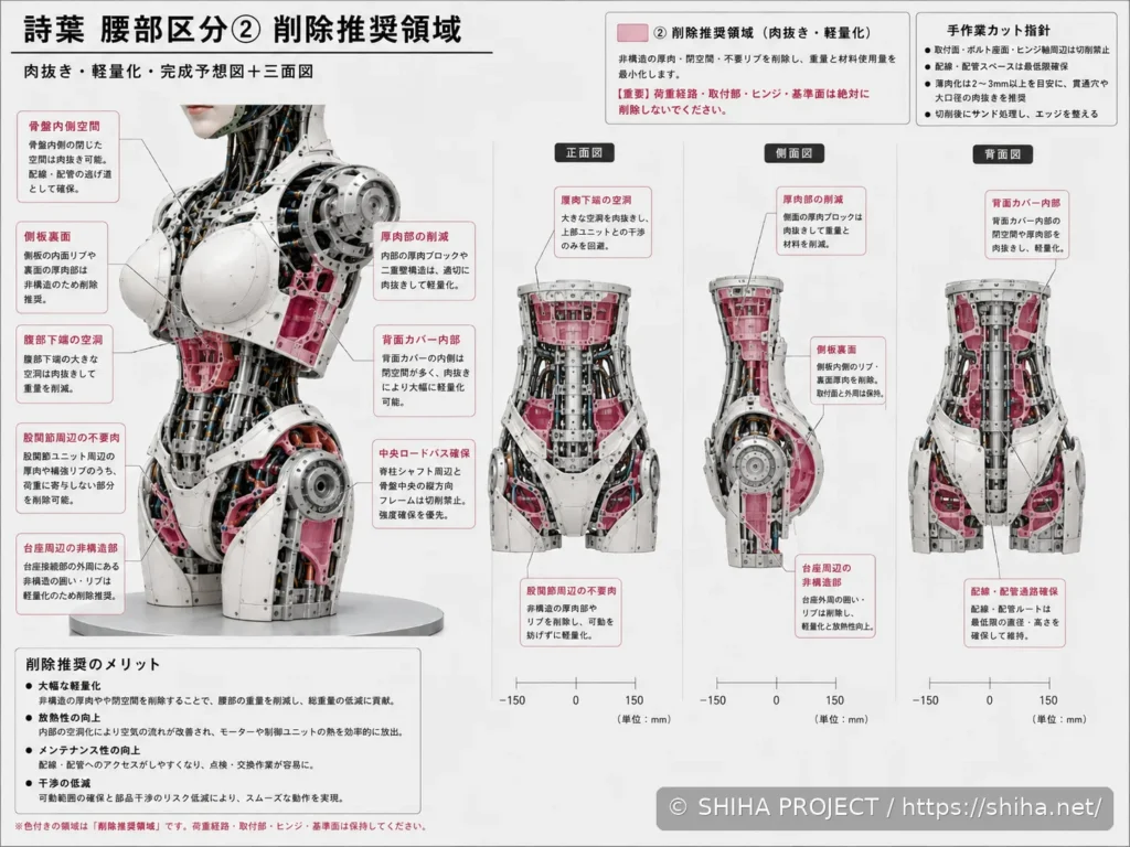 SHIHA ANDROID v1の腰部内部のユニット配置と構造を検討した設計コンセプト 02