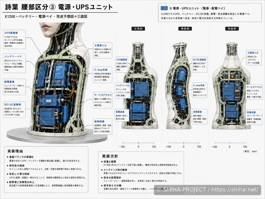 SHIHA ANDROID v1の腰部からベース側のUPS・バッテリー・電源分配を検討した設計コンセプト 03