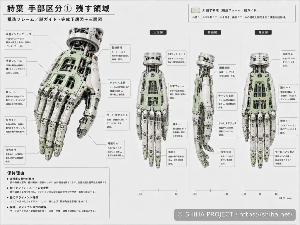 SHIHA ANDROID v1の手部フレームと関節構成を検討した設計コンセプト
