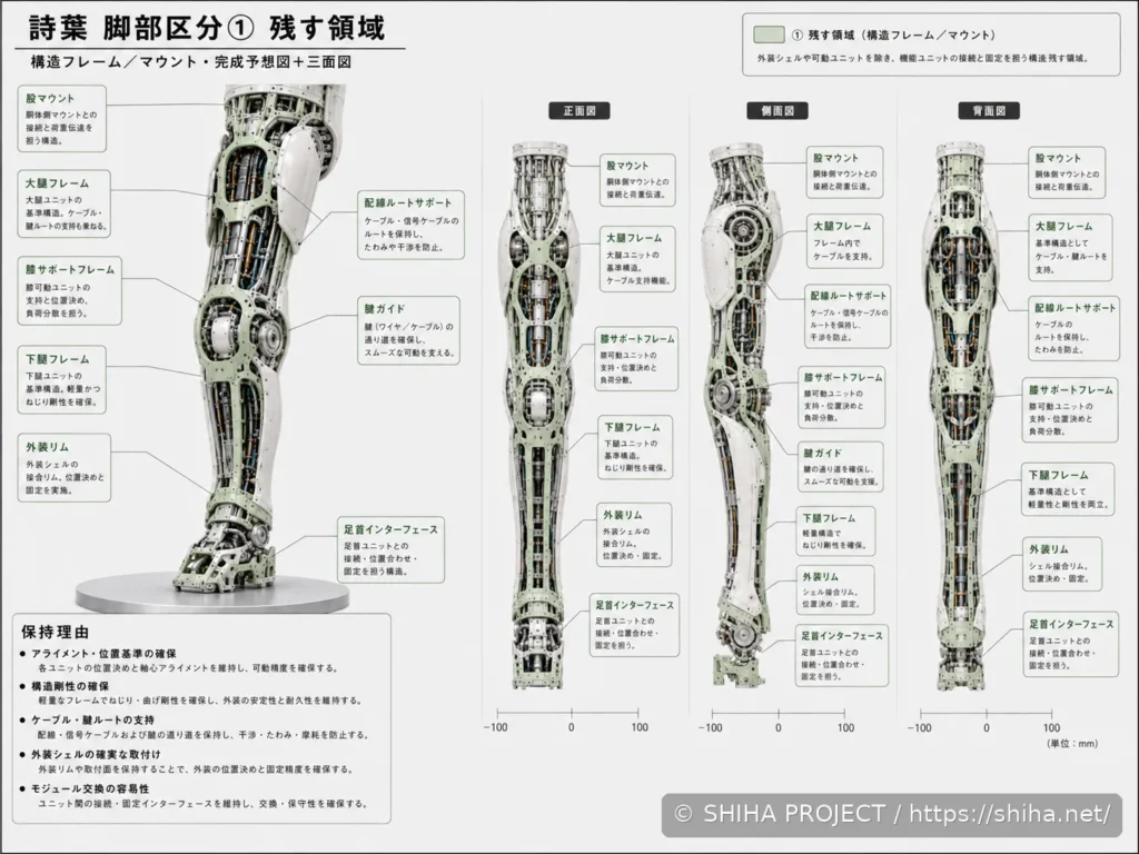 SHIHA ANDROID v1の脚部全体のフレームと関節配置を検討した設計コンセプト 01