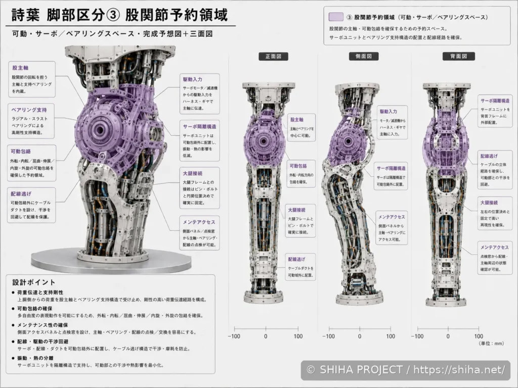 SHIHA ANDROID v1の脚部内部フレームと配線・構成を検討した設計コンセプト 03