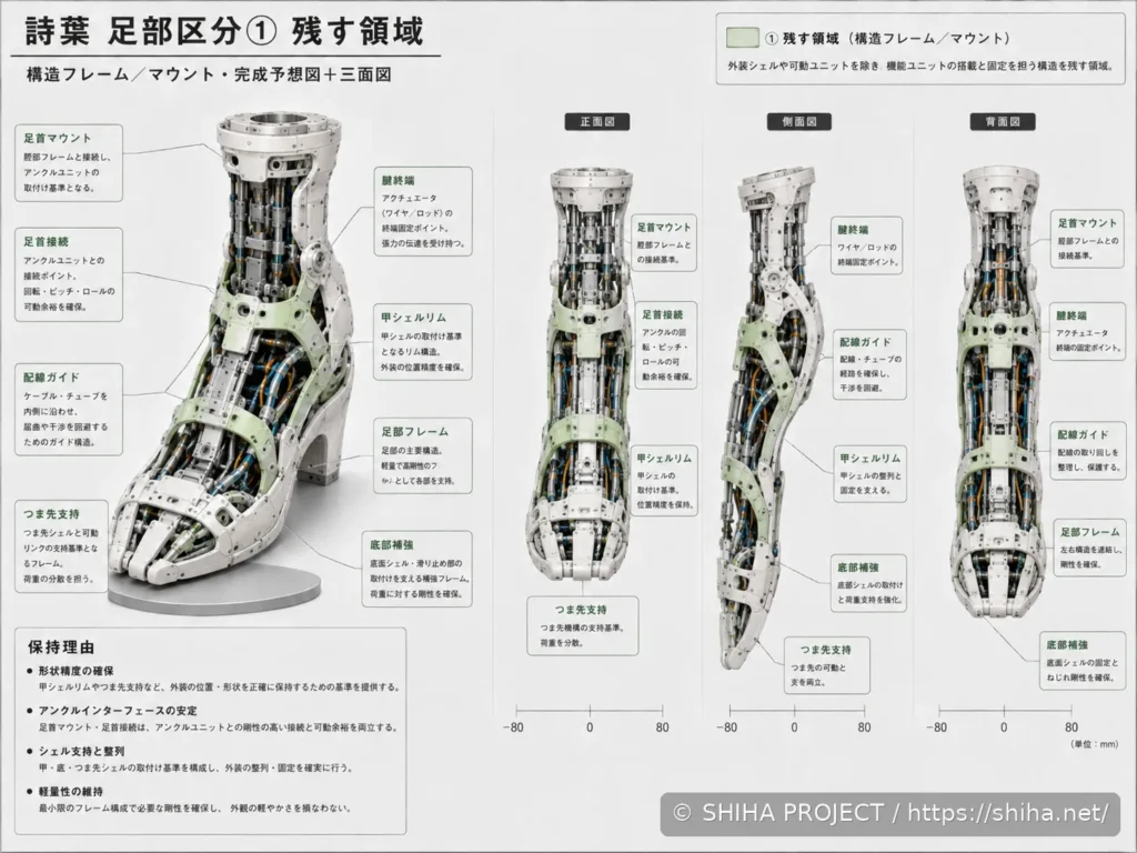 SHIHA ANDROID v1の足部フレームと荷重支持構造を検討した設計コンセプト