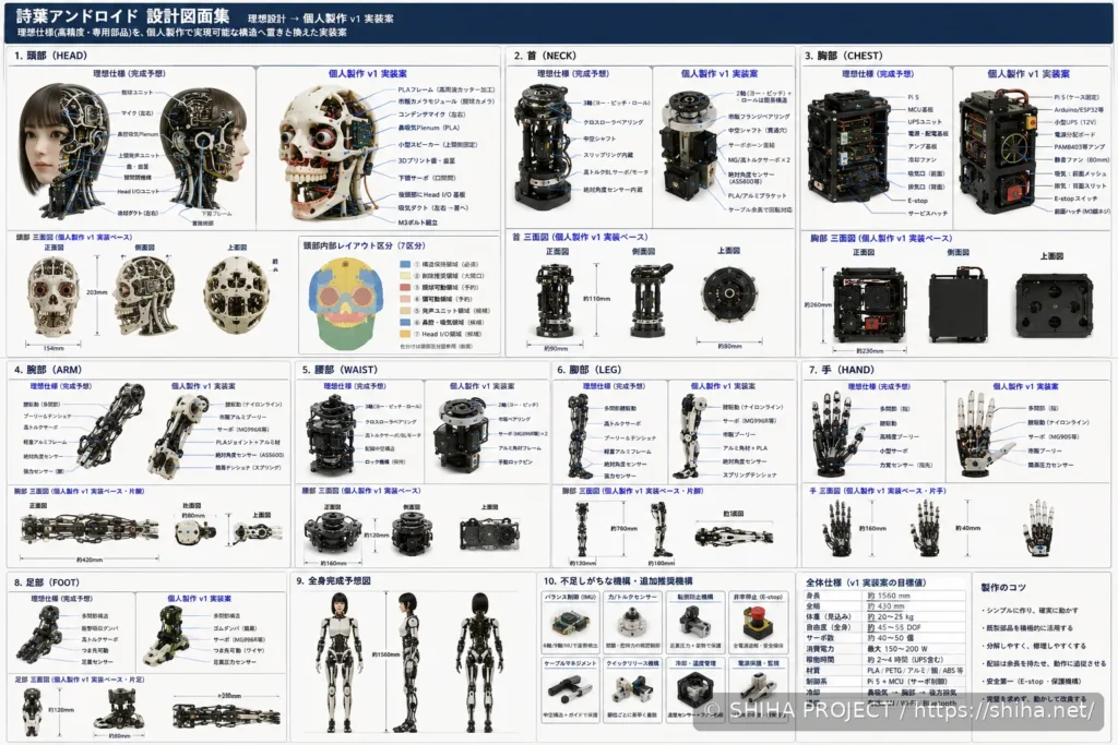 SHIHA ANDROID v1の全体構成と身体各部の設計方針を示すコンセプト