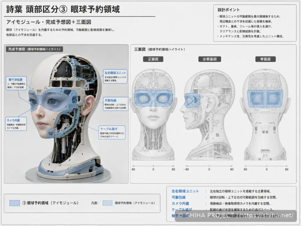 SHIHA ANDROID v1のカメラ内蔵可動眼球と眼球周辺の予約空間を示す頭部設計Revision 2のコンセプト 03