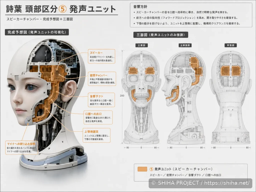 SHIHA ANDROID v1の口腔方向へ音を導く発声ユニットを示す頭部設計Revision 2のコンセプト 05