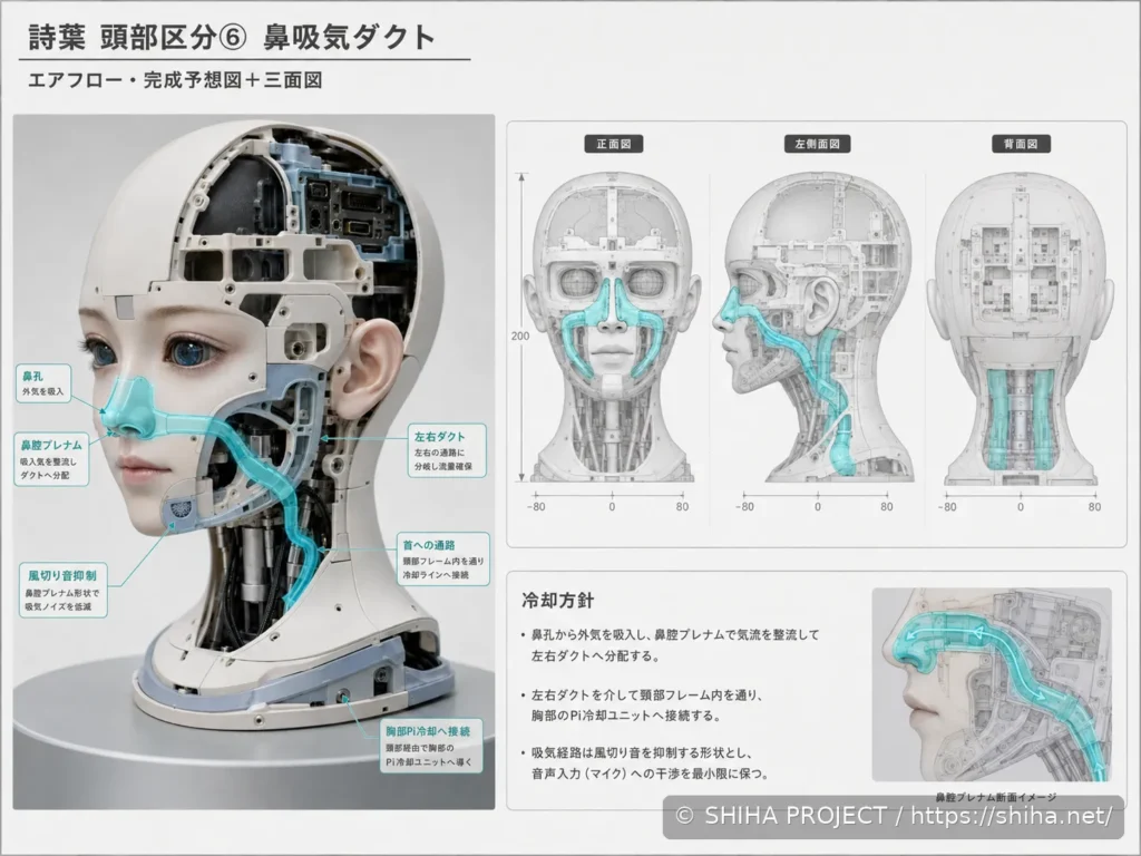 SHIHA ANDROID v1の鼻吸気を含む頭部換気・冷却経路を示す頭部設計Revision 2のコンセプト 06