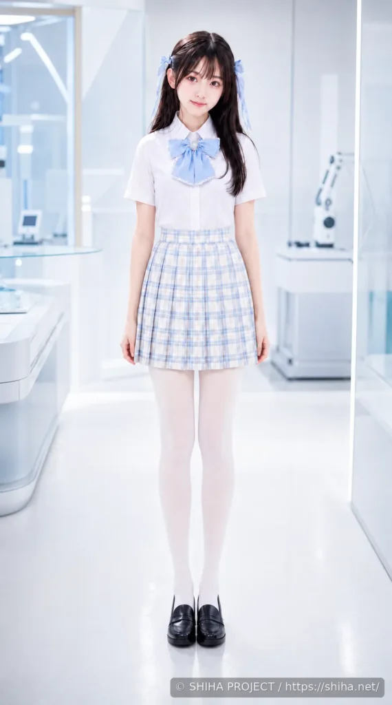 白と淡い水色の開発ラボで夏制服姿の森野詩葉を表現したビジュアル