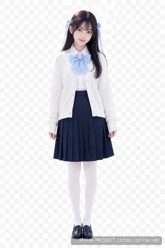白を基調とした冬服と淡い水色のリボンを着用した森野詩葉の全身ビジュアル