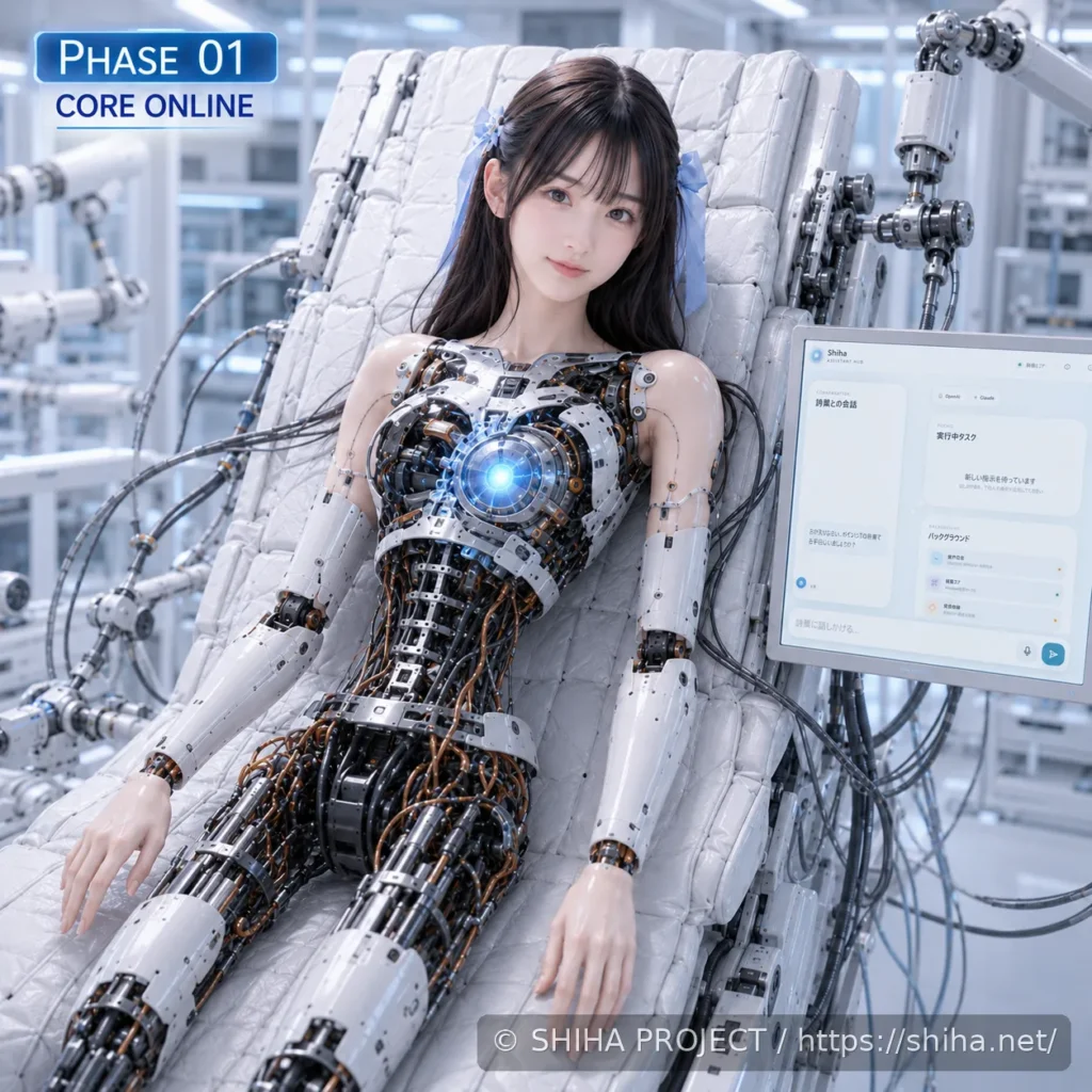 PHASE 01 CORE ONLINEとしてAI Coreを基盤に最初の実体となる頭部ユニットを構築する段階を表現した森野詩葉のコンセプトビジュアル