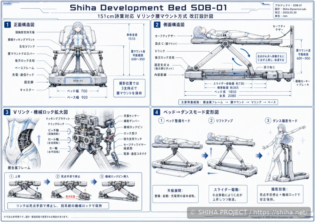 開発ベッドから起立固定ステージへ変形するSDB-01の構造コンセプト