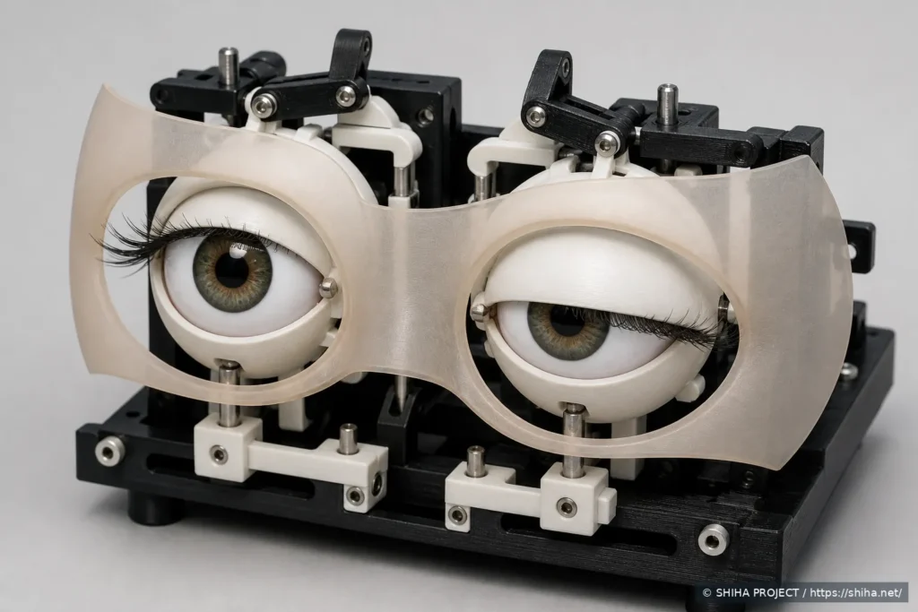 両眼の瞼と眼球ユニットをベースに搭載したEYE-01試作レンダー