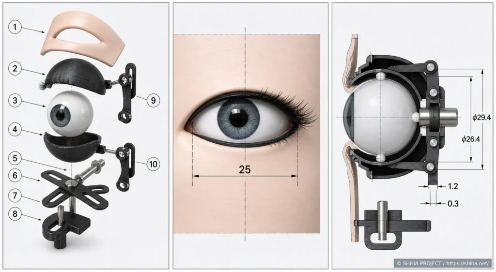 瞼、眼球、支持ブラケット、寸法を分解表示したEYE-01眼球ユニット分解図