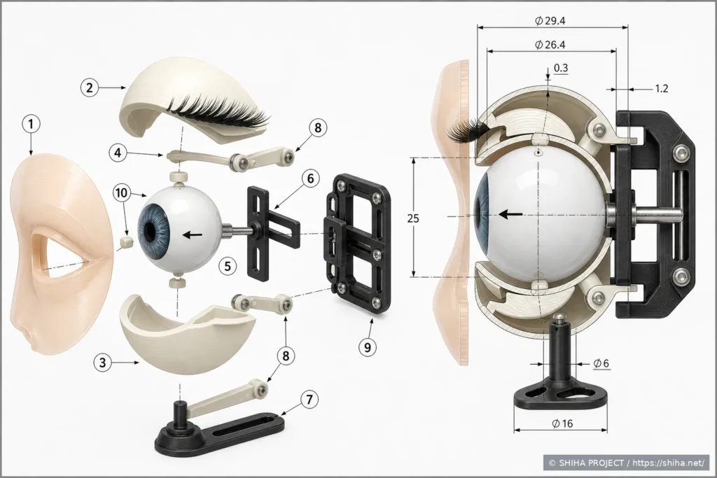 眼球ユニットの分解構成と側面寸法を示したEYE-01寸法図
