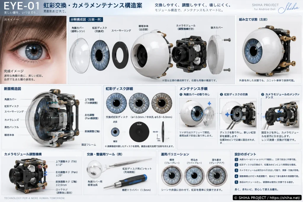 EYE-01の虹彩交換とカメラメンテナンス構造を示した技術図