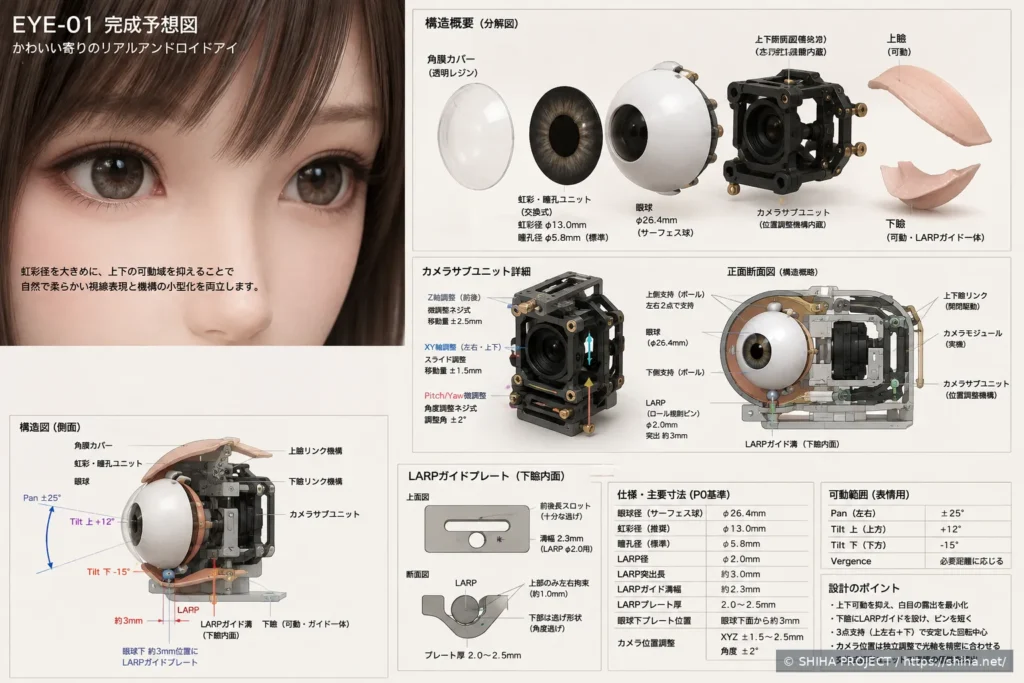 眼球、カメラ、瞼、支持機構をまとめたEYE-01リアルアンドロイドアイ設計図