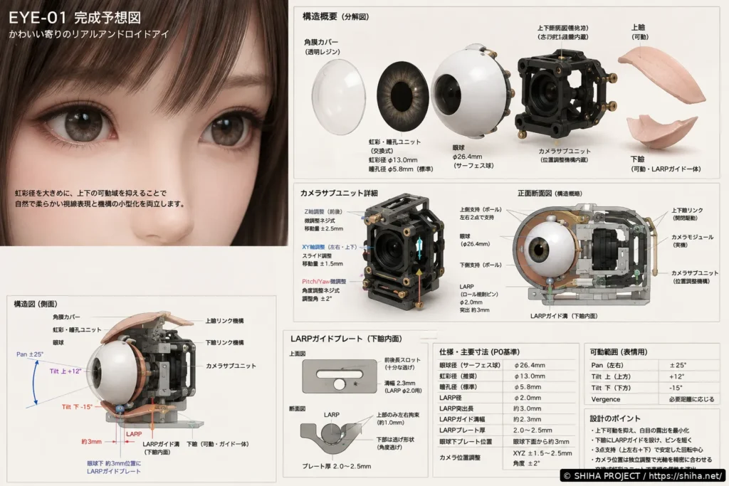 φ26.4mm眼球、上下瞼、カメラ、LARPなどを示したEYE-01技術コンセプト図