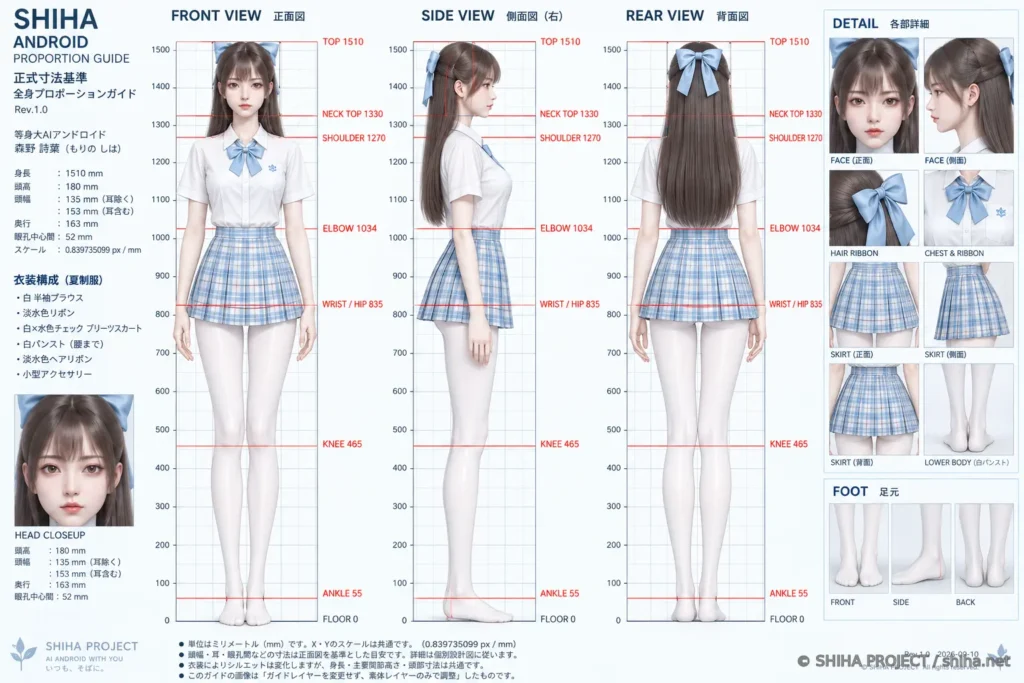 白い半袖ブラウスと淡水色チェックのスカートを着た森野詩葉の標準夏制服三面図