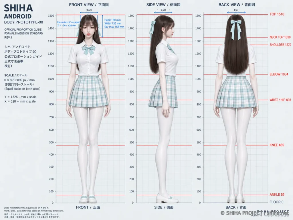 C-01標準夏制服を着用したBODY PROTOTYPE-00の正面・側面・背面プロポーション図