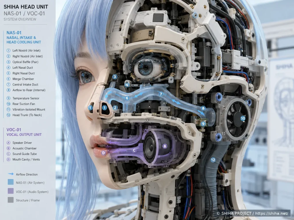 頭部内部機構にラベルと機能一覧を付けたSHIHA HEAD CUTAWAYラベル図