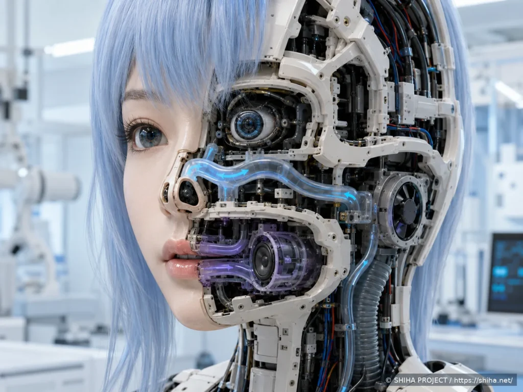 青い髪の外観と頭部内部機構を同時に見せたSHIHA HEAD CUTAWAYレンダー