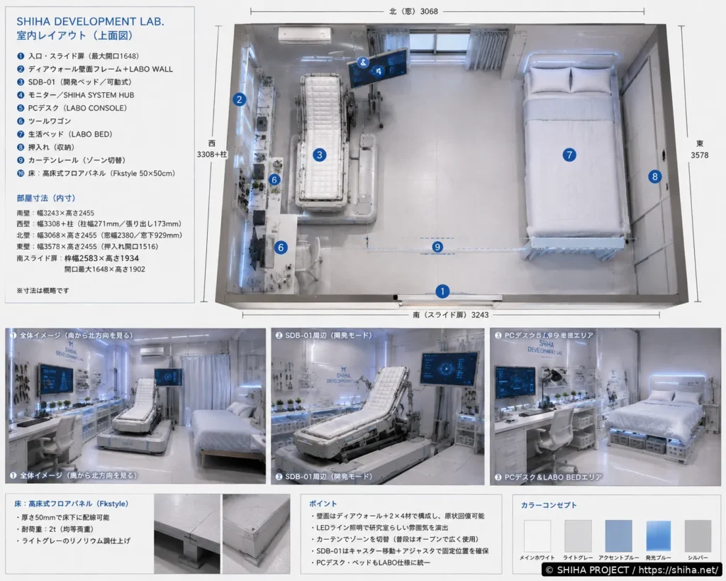 SHIHA DEVELOPMENT LABのSDB-01、PCデスク、生活ベッド等を配置した上面レイアウト案