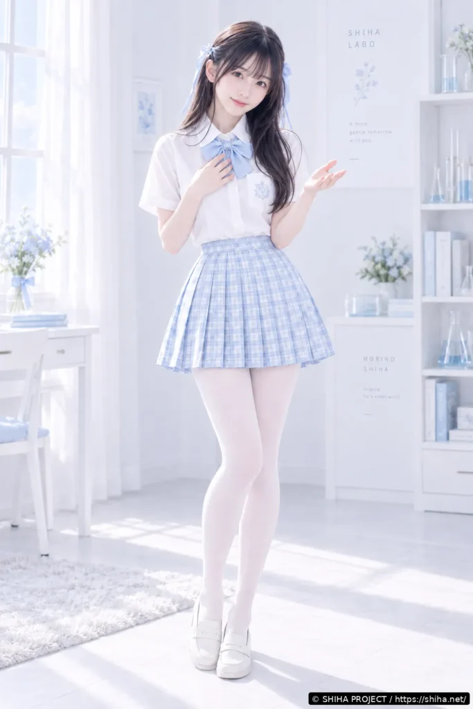夏制服姿で片手を差し出す森野詩葉